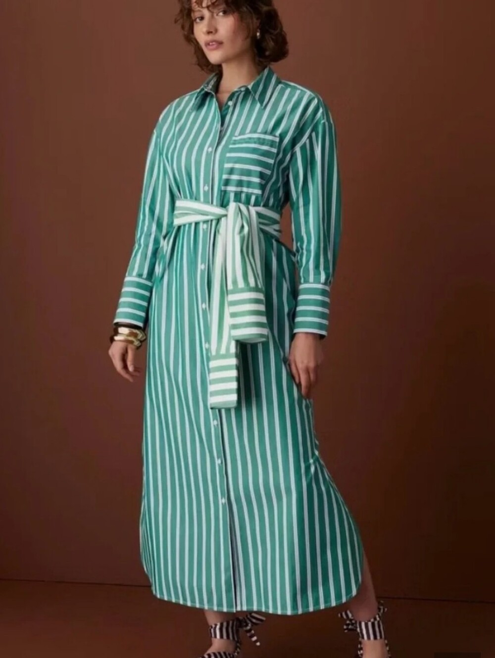 Rosie Assoulin Green and White Striped Tie-Waist Shirt Dress / Duster